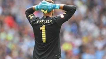Alisson Becker of Liverpool reacts during the FA Community Shield match between Liverpool and Manchester City at Wembley Stadium on August 04, 2019 in London, England. (Photo by Michael Regan/Getty Images)