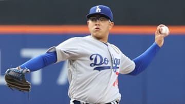 May 27, 2016; New York City, NY, USA; Los Angeles Dodgers starting pitcher Julio Urias (78) pitches during the first inning against the New York Mets at Citi Field. Mandatory Credit: Anthony Gruppuso-USA TODAY Sports