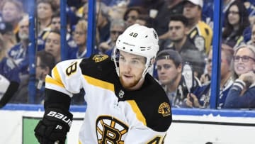 TAMPA, FL - APRIL 28: Boston Bruins defender Matt Grzelcyk (48) during the second period of an NHL Stanley Cup Eastern Conference Playoffs game between the Boston Bruins and the Tampa Bay Lightning on April 28, 2018, at Amalie Arena in Tampa, FL. (Photo by Roy K. Miller/Icon Sportswire via Getty Images)