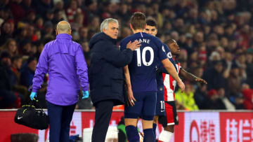Tottenham Hotspur manager Jose Mourinho (centre) pats Harry Kane on the back after he goes off the pitch injured during the Premier League match at St Mary's Stadium, Southampton. (Photo by Mark Kerton/PA Images via Getty Images)