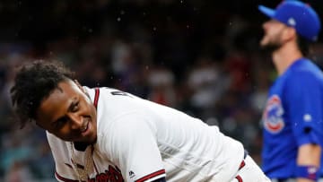 ATLANTA, GA - MAY 16: Ozzie Albies #1 of the Atlanta Braves reacts after hitting a triple in the eighth inning against the Chicago Cubs at SunTrust Park on May 16, 2018 in Atlanta, Georgia. (Photo by Kevin C. Cox/Getty Images)