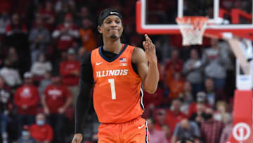 Jan 11, 2022; Lincoln, Nebraska, USA; Illinois Fighting Illini guard Trent Frazier (1) celebrates a three point basket against the Nebraska Cornhuskers in the second half at Pinnacle Bank Arena. Mandatory Credit: Steven Branscombe-USA TODAY Sports
