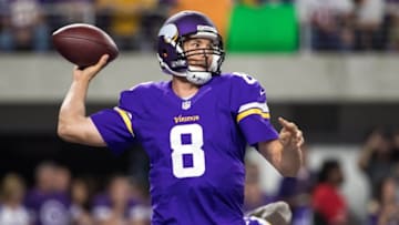 Oct 3, 2016; Minneapolis, MN, USA; Minnesota Vikings quarterback Sam Bradford (8) throws during the first quarter against the New York Giants at U.S. Bank Stadium. Mandatory Credit: Brace Hemmelgarn-USA TODAY Sports