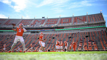 Oct 31, 2020; Clemson, SC, USA; Clemson quarterback D.J. Uiagalelei (5) warms up before the game against Boston College at Memorial Stadium. Mandatory Credit: Josh Morgan-USA TODAY Sports