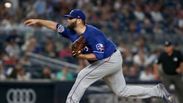 NEW YORK, NEW YORK - SEPTEMBER 04: Lance Lynn #35 of the Texas Rangers in action against the New York Yankees at Yankee Stadium on September 04, 2019 in New York City. The Yankees defeated the Rangers 4-1. (Photo by Jim McIsaac/Getty Images)