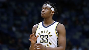 NEW ORLEANS, LA - MARCH 21: Myles Turner #33 of the Indiana Pacers reacts during the second half against the New Orleans Pelicans at the Smoothie King Center on March 21, 2018 in New Orleans, Louisiana. NOTE TO USER: User expressly acknowledges and agrees that, by downloading and or using this photograph, User is consenting to the terms and conditions of the Getty Images License Agreement. (Photo by Jonathan Bachman/Getty Images)