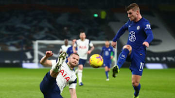 LONDON, ENGLAND - FEBRUARY 04: Timo Werner of Chelsea is fouled by Eric Dier of Tottenham Hotspur leading to a penalty during the Premier League match between Tottenham Hotspur and Chelsea at Tottenham Hotspur Stadium on February 04, 2021 in London, England. Sporting stadiums around the UK remain under strict restrictions due to the Coronavirus Pandemic as Government social distancing laws prohibit fans inside venues resulting in games being played behind closed doors. (Photo by Clive Rose/Getty Images)