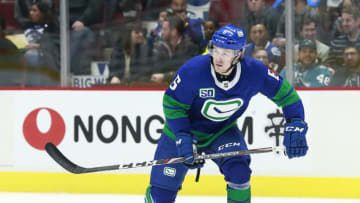 VANCOUVER, BC - JANUARY 18: Brock Boeser #6 of the Vancouver Canucks skates up ice during their NHL game against the San Jose Sharks at Rogers Arena January 18, 2020 in Vancouver, British Columbia, Canada. (Photo by Jeff Vinnick/NHLI via Getty Images)"n