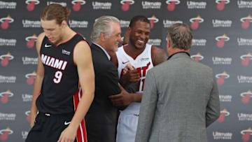 MIAMI, FL - SEPTEMBER 21: Pat Riley, President of the Miami Heat, shakes hands with Dion Waiters #11 of the Miami Heat on stage during the announcement of the Miami Heat jersey sponsorship with Ultimate Software on September 21, 2017 in Miami, Florida. NOTE TO USER: User expressly acknowledges and agrees that, by downloading and/or using this photograph, user is consenting to the terms and conditions of the Getty Images License Agreement. Mandatory copyright notice: Copyright NBAE 2017 (Photo by Issac Baldizon/NBAE via Getty Images)