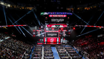 VANCOUVER, BC - JUNE 21: A general view of the draft floor prior to the New Jersey Devils pick during the first round of the 2019 NHL Draft at Rogers Arena on June 21, 2019 in Vancouver, British Columbia, Canada. (Photo by Jonathan Kozub/NHLI via Getty Images)