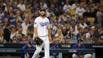 LOS ANGELES, CA - OCTOBER 28: Clayton Kershaw #22 of the Los Angeles Dodgers looks on during Game 5 of the 2018 World Series against the Boston Red Sox at Dodger Stadium on Sunday, October 28, 2018 in Los Angeles, California. (Photo by Alex Trautwig/MLB Photos via Getty Images)