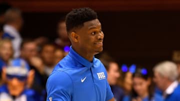 DURHAM, NORTH CAROLINA - MARCH 02: Zion Williamson #1 of the Duke Blue Devils jokes with his teammates as hthey warm up before their game against the Miami Hurricanes at Cameron Indoor Stadium on March 02, 2019 in Durham, North Carolina. (Photo by Grant Halverson/Getty Images)