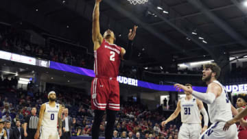 Jan 23, 2023; Evanston, Illinois, USA; Wisconsin Badgers guard Jordan Davis (2) shoots the ball against the Northwestern Wildcats during the first half at Welsh-Ryan Arena. Mandatory Credit: David Banks-USA TODAY Sports