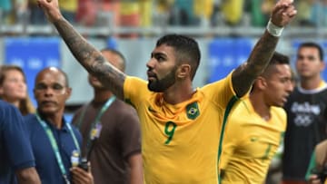 Gabriel of Brazil celebrates his goal against Denmark during the Rio 2016 Olympic Games mens first round Group A football match Brazil vs Denmark, at the Arena Fonte Nova Stadium in Salvador, Brazil on August 10, 2016 / AFP / NELSON ALMEIDA (Photo credit should read NELSON ALMEIDA/AFP/Getty Images)