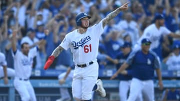 LOS ANGELES, CA - SEPTEMBER 02: Alex Verdugo #61 of the Los Angeles Dodgers runs home after being driven in by Matt Kemp who hit a double in the nineth inning to defeat the Arizona Diamondbacks 3-2 at Dodger Stadium on September 2, 2018 in Los Angeles, California. (Photo by John McCoy/Getty Images)