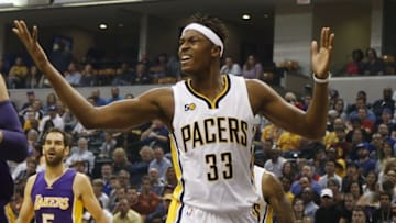 Nov 1, 2016; Indianapolis, IN, USA; Indiana Pacers center Myles Turner (33) questions a referee
