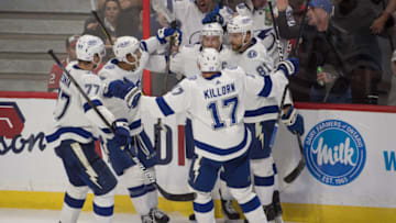 Nov 6, 2021; Ottawa, Ontario, CAN; The Tampa Bay Lightning celebrate a goal scored by center Steven Stamkos (91) in the third period against the Ottawa Senators at the Canadian Tire Centre. Mandatory Credit: Marc DesRosiers-USA TODAY Sports
