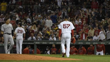 Sep 26, 2021; Boston, Massachusetts, USA; Boston Red Sox starting pitcher Eduardo Rodriguez (57) walks to the dugout after pitching during the third inning against the New York Yankees at Fenway Park. Mandatory Credit: Bob DeChiara-USA TODAY Sports