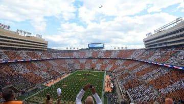 Two F-15 jets from the 4th Fighter Wing at Seymour Johnson Air Force Base in North Carolina flyover before a football game between Tennessee and Texas A&M at Neyland Stadium in Knoxville, Tenn., on Saturday, Oct. 14, 2023.