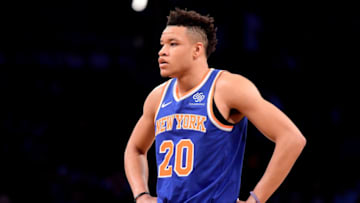NEW YORK, NY - OCTOBER 03: Kevin Knox #20 of the New York Knicks in action against the Brooklyn Nets during a preseason game at Barclays Center on October 3, 2018 in New York City. NOTE TO USER: User expressly acknowledges and agrees that, by downloading and or using this photograph, User is consenting to the terms and conditions of the Getty Images License Agreement. (Photo by Steven Ryan/Getty Images)