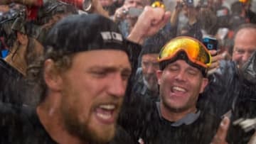 October 16, 2014; San Francisco, CA, USA; San Francisco Giants right fielder Hunter Pence (8, left) and starting pitcher Tim Hudson (17, right) celebrate in the clubhouse after defeating the St. Louis Cardinals 6-3 in game five of the 2014 NLCS baseball playoff game at AT&T Park. Mandatory Credit: Kyle Terada-USA TODAY Sports