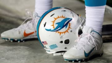 Nov 11, 2013; Tampa, FL, USA; Miami Dolphins defensive end Cameron Wake (not pictured) helmet and cleats during the second half against the Tampa Bay Buccaneers at Raymond James Stadium. Mandatory Credit: Kim Klement-USA TODAY Sports