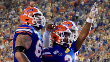GAINESVILLE, FLORIDA - SEPTEMBER 07: Lamical Perine #2 of the Florida Gators celebrates a touchdown during the game against the Tennessee Martin Skyhawks at Ben Hill Griffin Stadium on September 07, 2019 in Gainesville, Florida. (Photo by Sam Greenwood/Getty Images)