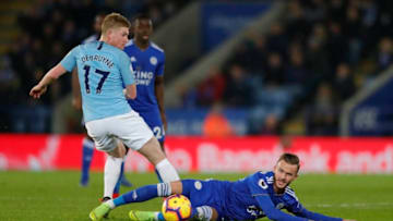 LEICESTER, ENGLAND - DECEMBER 26: James Maddison of Leicester City falls under a challenge from Kevin De Bruyne during the Premier League match between Leicester City and Manchester City at The King Power Stadium on December 26, 2018 in Leicester, United Kingdom. (Photo by Malcolm Couzens/Getty Images)