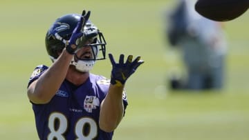 Jun 14, 2016; Baltimore, MD, USA; Baltimore Ravens tight end Dennis Pitta (88) catches a pass during the first day of minicamp sessions at Under Armour Performance Center. Mandatory Credit: Tommy Gilligan-USA TODAY Sports