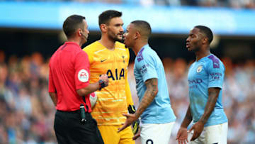 MANCHESTER, ENGLAND - AUGUST 17: Gabriel Jesus of Manchester City speaks with Referee Michael Oliver after the VAR check rules his third goal disallowed during the Premier League match between Manchester City and Tottenham Hotspur at Etihad Stadium on August 17, 2019 in Manchester, United Kingdom. (Photo by Clive Brunskill/Getty Images)