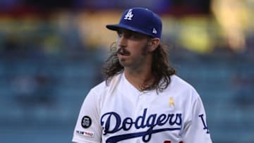 LOS ANGELES, CALIFORNIA - SEPTEMBER 07: Pitcher Tony Gonsolin #46 of the Los Angeles Dodgers looks on during the first inning of the MLB game against the San Francisco Giants at Dodger Stadium on September 07, 2019 in Los Angeles, California. The Giants defeated the Dodgers 1-0. (Photo by Victor Decolongon/Getty Images)
