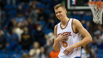 Feb 20, 2016; Minneapolis, MN, USA; New York Knicks forward Kristaps Porzingis (6) against the Minnesota Timberwolves at Target Center. The Knicks defeated the Timberwolves 103-95. Mandatory Credit: Brace Hemmelgarn-USA TODAY Sports