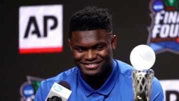 MINNEAPOLIS, MINNESOTA - APRIL 05: Zion Williamson of the Duke Blue Devils speaks during a press conference after being awarded the AP Player of the Year award prior to the 2019 NCAA men's Final Four at U.S. Bank Stadium on April 5, 2019 in Minneapolis, Minnesota. (Photo by Mike Lawrie/Getty Images)