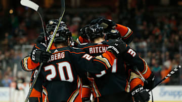 ANAHEIM, CALIFORNIA - DECEMBER 09: The Anaheim Ducks celebrate a goal against the New Jersey Devils at Honda Center on December 09, 2018 in Anaheim, California. (Photo by Katharine Lotze/Getty Images)