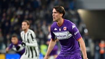 Dusan Vlahovic reacts during the Serie A match between Juventus FC and ACF Fiorentina at Allianz Stadium on November 6, 2021 in Turin, Italy. (Photo by Stefano Guidi/Getty Images)