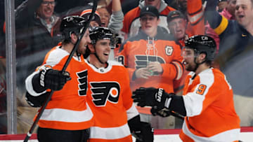 PHILADELPHIA, PA - JANUARY 08: Kevin Hayes #13 of the Philadelphia Flyers celebrates his second period shorthanded goal against the Washington Capitals with Matt Niskanen #15 and Ivan Provorov #9 on January 8, 2020 at the Wells Fargo Center in Philadelphia, Pennsylvania. (Photo by Len Redkoles/NHLI via Getty Images)