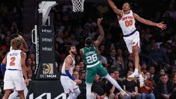 Oct 9, 2023; New York, New York, USA; New York Knicks forward Jacob Toppin (00) blocks a shot by Boston Celtics guard DJ Steward (26) during the second half at Madison Square Garden. Mandatory Credit: Vincent Carchietta-USA TODAY Sports