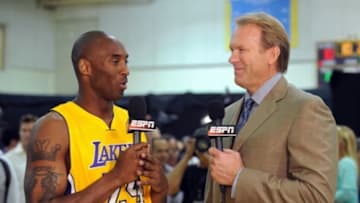 Oct.1, 2012, 2012; El Segundo, CA, USA; Los Angeles Lakers shooting guard Kobe Bryant (24) is interviewed by Kurt Rambis during media day at the Los Angeles Lakers Training Center. Mandatory Credit: Jayne Kamin-Oncea-USA TODAY Sports