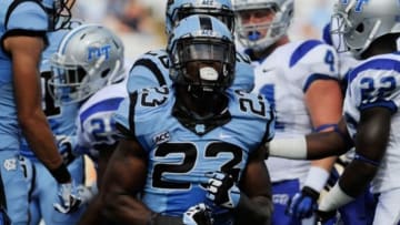Sep 7, 2013; Chapel Hill, NC, USA; North Carolina Tar Heels back Darius Lipford (23) celebrates after a play against the Middle Tennessee Blue Raiders at Kenan Memorial Stadium. North Carolina won 40-20. Mandatory Credit: Liz Condo-USA TODAY Sports