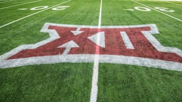 Oct 3, 2015; Arlington, TX, USA; A view of the Big 12 logo on the field after the game between the Baylor Bears and the Texas Tech Red Raiders at AT&T Stadium. The Bears defeat the Red Raiders 63-35. Mandatory Credit: Jerome Miron-USA TODAY Sports