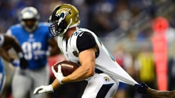 Jacksonville Jaguars running back Toby Gerhart (21) runs the ball during the third quarter against the Detroit Lions at Ford Field. Mandatory Credit: Andrew Weber-USA TODAY Sports
