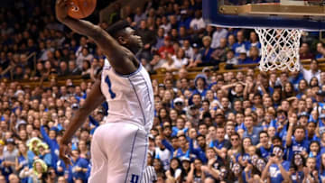 DURHAM, NORTH CAROLINA - FEBRUARY 02: Zion Williamson #1 of the Duke Blue Devils dunks during the first half of their game against the St. John's Red Storm at Cameron Indoor Stadium on February 02, 2019 in Durham, North Carolina. Duke won 91-61. (Photo by Grant Halverson/Getty Images)