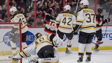 Nov 19, 2016; Ottawa, Ontario, CAN; Ottawa Senators right wing Mark Stone (61) scores against Boston Bruins goalie Tuukka Rask (40) in the second period at the Canadian Tire Centre. Mandatory Credit: Marc DesRosiers-USA TODAY Sports