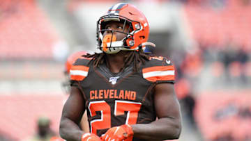 CLEVELAND, OH - NOVEMBER 10, 2019: Running back Kareem Hunt #27 of the Cleveland Browns on the field prior to a game against the Buffalo Bills on November 10, 2019 at FirstEnergy Stadium in Cleveland, Ohio. Cleveland won 19-16. (Photo by: 2019 Nick Cammett/Diamond Images via Getty Images)