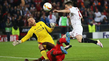 BASEL, SWITZERLAND - MAY 18: Kevin Gameiro (R) of Sevilla compete for the ball against Kolo Toure (C) and Simon Mignolet (L) of Liverpool during the UEFA Europa League Final match between Liverpool and Sevilla at St. Jakob-Park on May 18, 2016 in Basel, Switzerland. (Photo by Lars Baron/Getty Images)