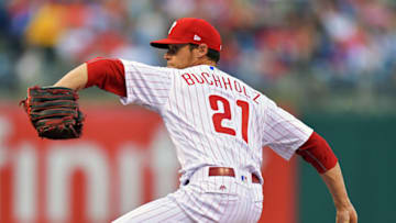 PHILADELPHIA, PA - APRIL 11: Starting pitcher Clay Buchholz #21 of the Philadelphia Phillies delivers a pitch in the first inning against the New York Mets at Citizens Bank Park on April 11, 2017 in Philadelphia, Pennsylvania. (Photo by Drew Hallowell/Getty Images)