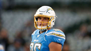 OAKLAND, CALIFORNIA - NOVEMBER 07: Hunter Henry #86 of the Los Angeles Chargers looks on during the warm up before the game against the Oakland Raiders at RingCentral Coliseum on November 07, 2019 in Oakland, California. (Photo by Lachlan Cunningham/Getty Images)