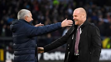 BURNLEY, ENGLAND - MARCH 07: Sean Dyche, Manager of Burnley greets Jose Mourinho, Manager of Tottenham Hotspur (Photo by Michael Regan/Getty Images)