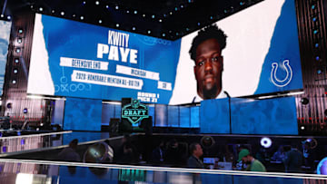 CLEVELAND, OHIO - APRIL 29: NFL Commissioner Roger Goodell announces Kwity Paye as the 21st selection by the Indianapolis Colts during round one of the 2021 NFL Draft at the Great Lakes Science Center on April 29, 2021 in Cleveland, Ohio. (Photo by Gregory Shamus/Getty Images)