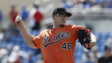 Mar 4, 2016; Dunedin, FL, USA; Baltimore Orioles relief pitcher Vance Worley (48) throws during the first inning of a spring training baseball game against the Toronto Blue Jays at Florida Auto Exchange Park. Mandatory Credit: Reinhold Matay-USA TODAY Sports